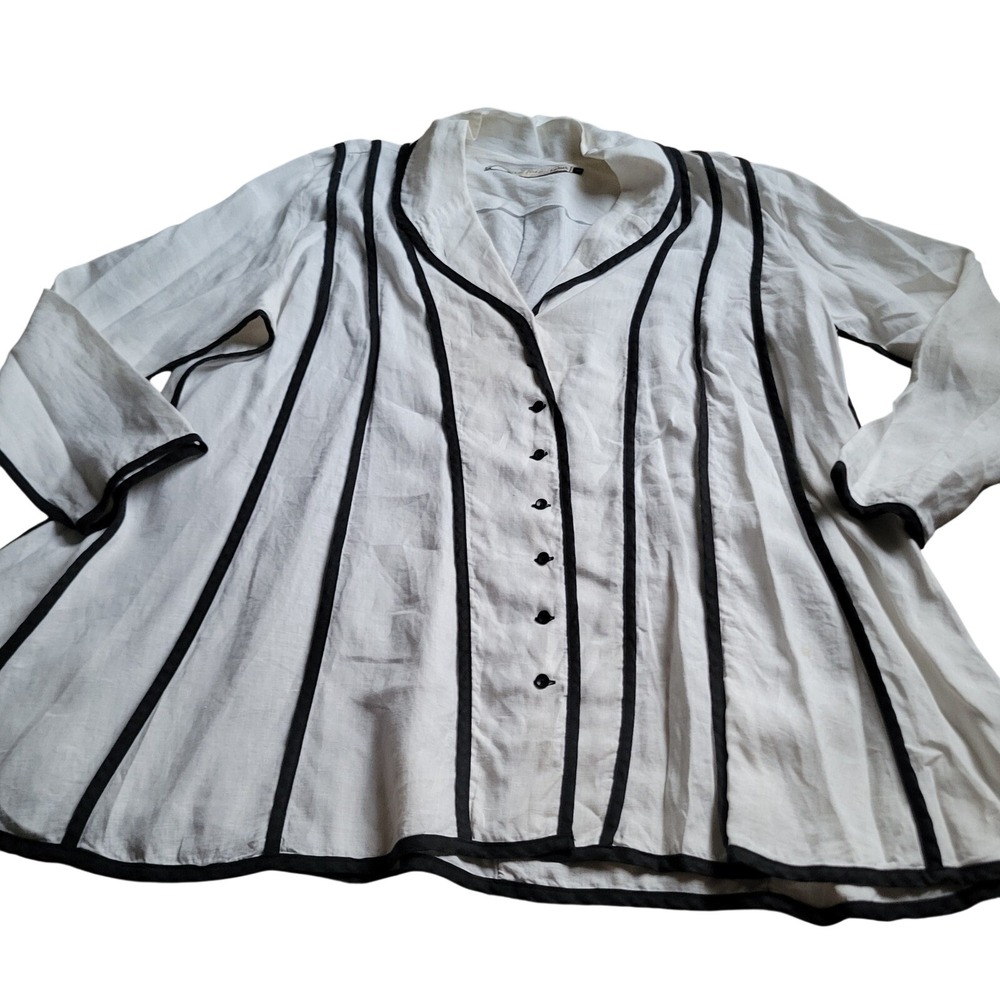 Cynthia Ashby Women Tunic L White Linen Contrast Piping Lagenlook Art to Wear